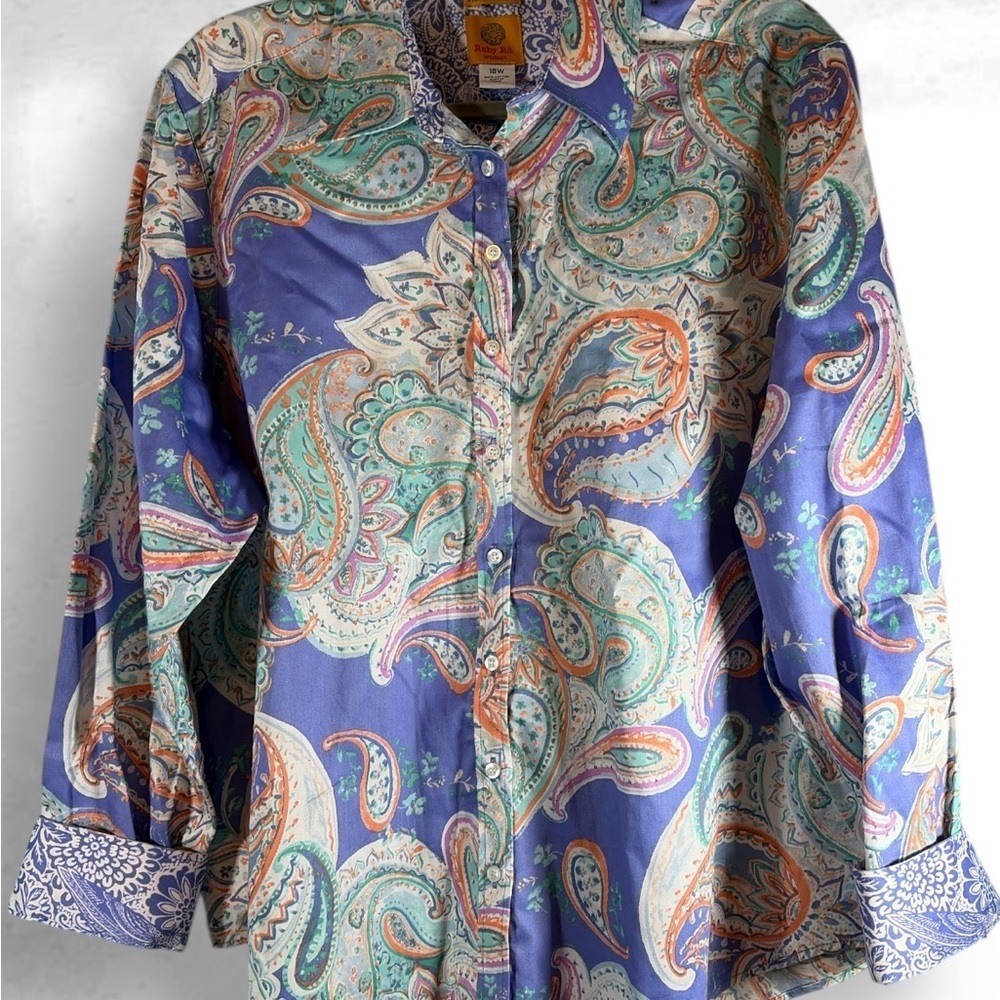 Ruby Rd Women Wrinkle Resistant Multicolor Button Up Blouse Sz 18W 100% Cotton
